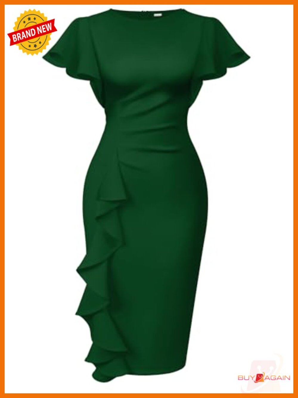Women's Ruffle Sleeve Ruched Bodycon Midi Work Church Dress V-Neck